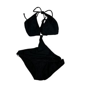 Zuliana VTG Y2K Black Monokini One Piece Swimsuit Cut Out Halter Ring Large NWT